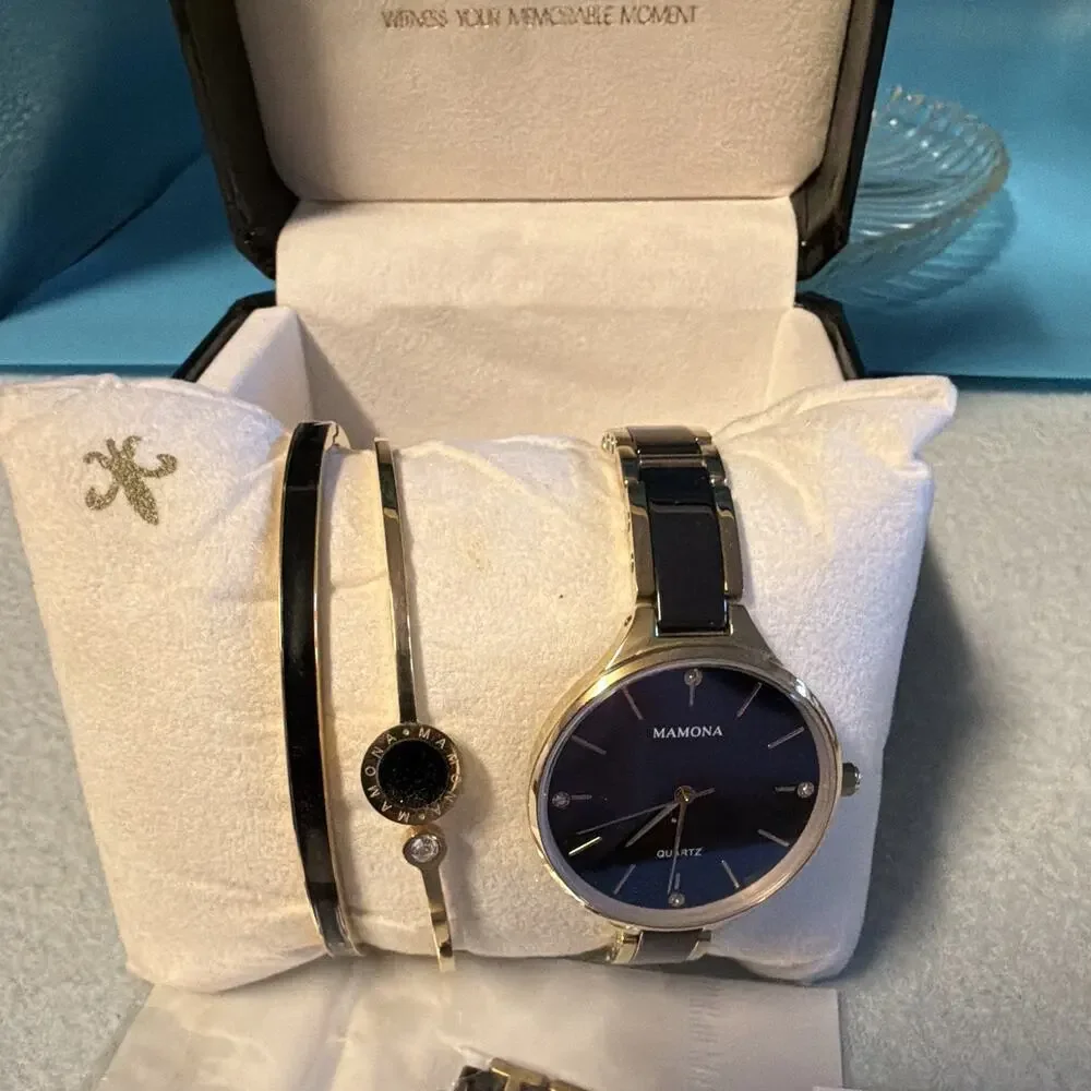 MAMONA Women's Quartz Watch Blue & Black/Gold Bracelet Box Papers Needs Battery